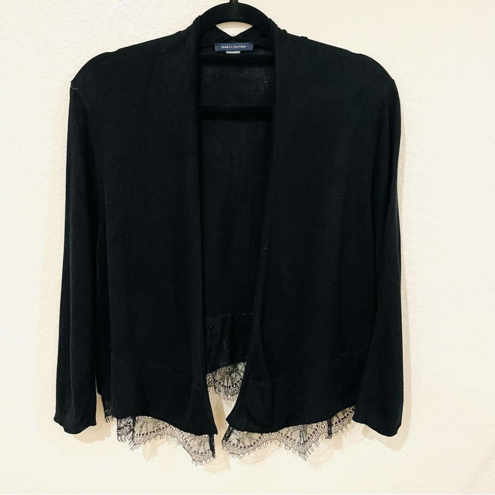 Tommy Hilfiger black, open-front cardigan  or shrug with a lace hem Size Large